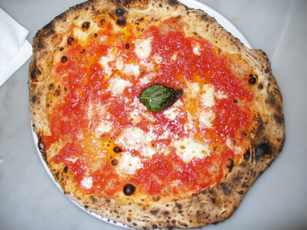 A Neapolitan margherita pizza with a blistered crust and a single basil leaf