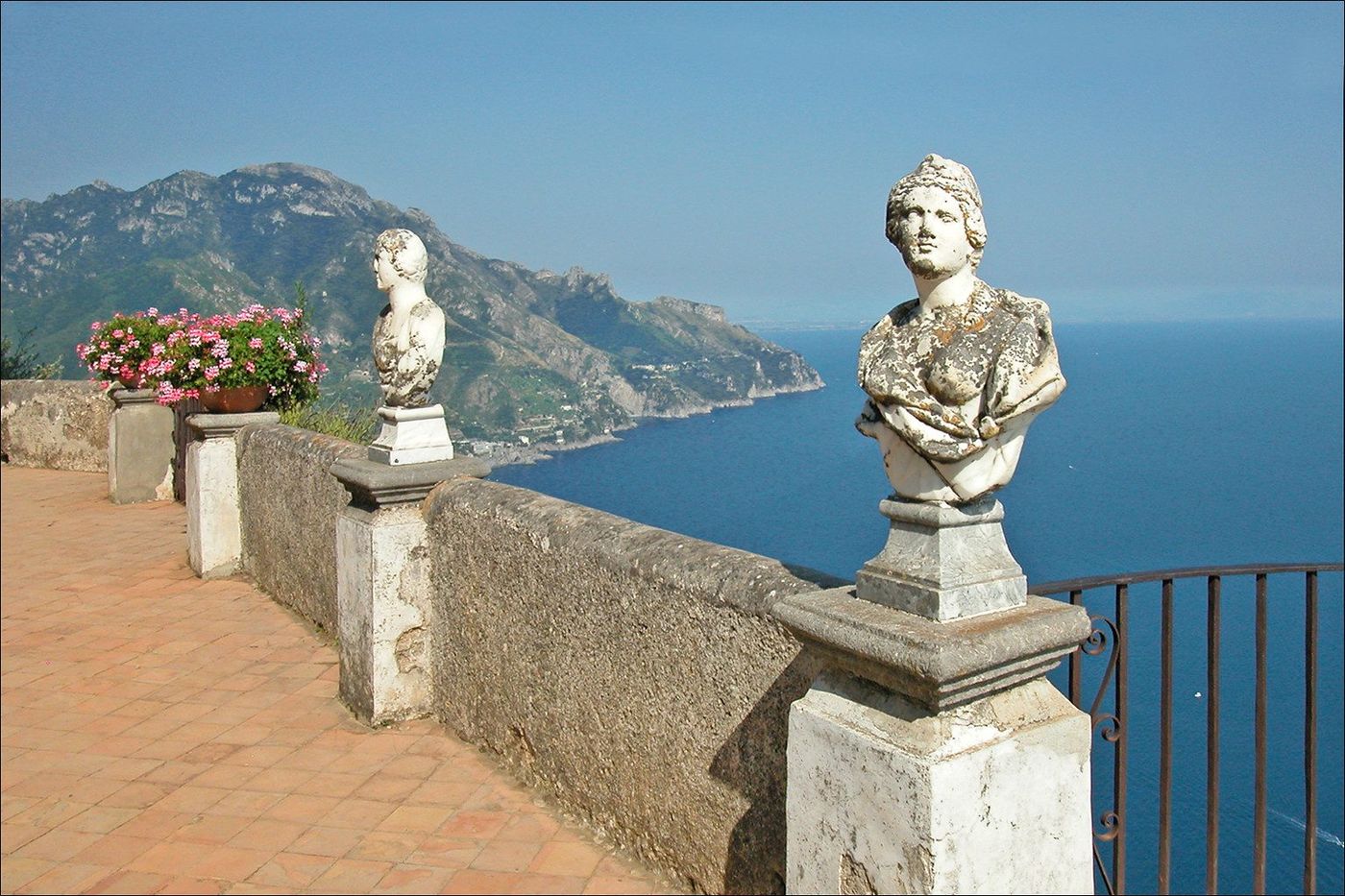 Marble busts along the terrace at Villa Cimbrone in Ravello, above the Amalfi Coast